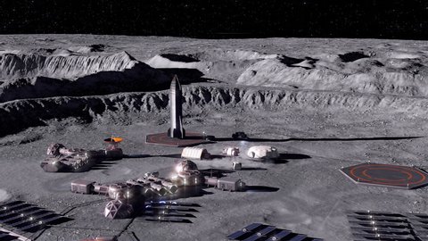 Moon base. Development of the surface of the moon, construction of the base. Colonization of the planet. 3D rendering.