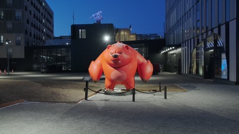 Helsinki, Finland - December 21, 2021: Sculpture of Brawl Stars video game character on the street. Supercell office building. Supercell Oy is a Finnish mobile game development company.