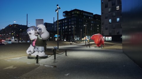 Helsinki, Finland - December 21, 2021: Sculptures of Brawl Stars video game characters on the street. Supercell Oy is a Finnish mobile game development company.