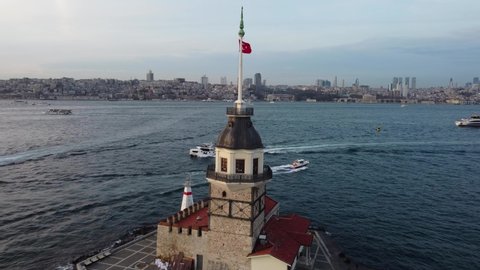 Drone aerial shot of Maiden's tower, also known as Leander's tower, located in Bosphorus strait separating the continents of Europe and Asia, city of Istanbul, Turkey.