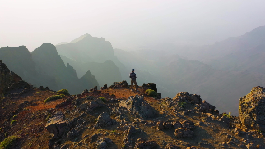 Hazy sunrise at Steens Mountain in Oregon, U.S., aerial view.