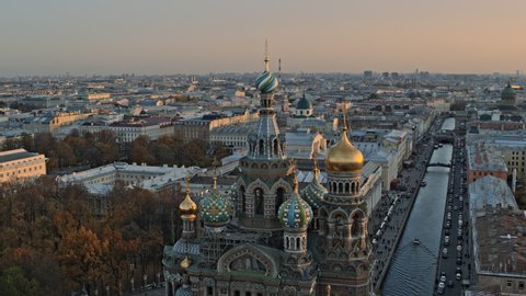 City center of Saint Petersburg. Drone footage of Church of the Savior on Spilled Blood on Griboyedov channel. Cityscape on sunset