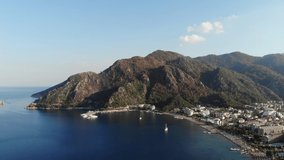 Aerial view of Icmeler beach in Marmaris city, Turkey. landscape video of the resort town.