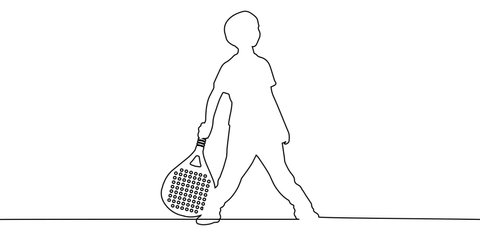 Outline Tennis padel Player kids Icon Illustration. Paddle Sport Vector Graphic Symbol Clip Art. Sketch Black Sign young man is padel tennis player read to the ball good for posts and poster video
