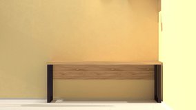 Home workplace interior with wood furniture, shelves and yellow wall. Minimal modern motion design. Abstract animation