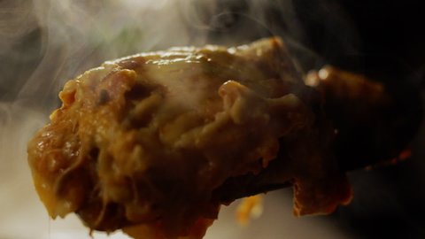 Melted cheese lasagna scene, italian cinematic food, establishing cuisine shot