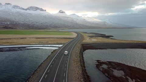 Iceland road landscape with an unidentified car driving