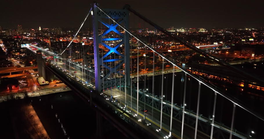 Ben Franklin Bridge at night. Traffic in evening darkness. Suspension bridge over Delaware River, Philadelphia PA. | Shutterstock HD Video #1084596115