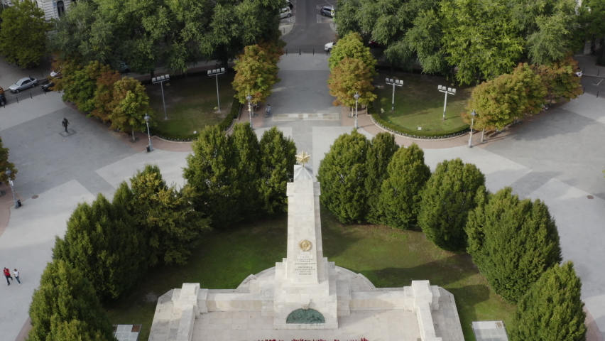 AERIAL - The Soviet War Memorial in Liberty Square, Budapest, Hungary, lowering