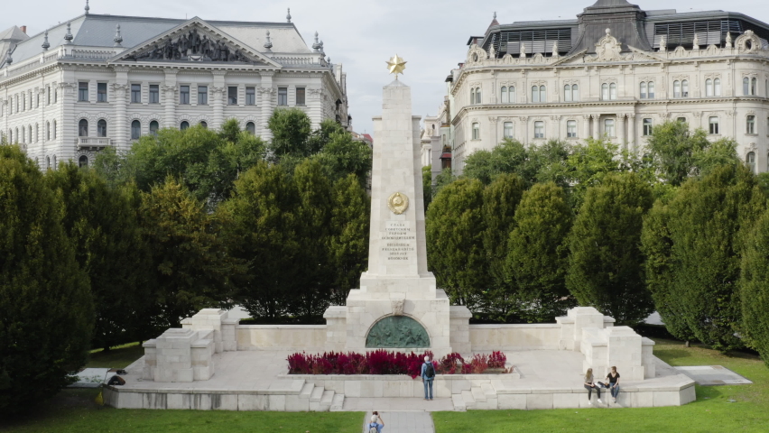 AERIAL - The Soviet War Memorial in Liberty Square, Budapest, Hungary, rising shot