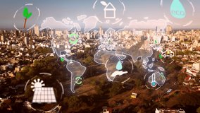 Aerial flyover park and city skyline of Buenos Aires in background during sunset - Digital hologram animation with eco-friendly, renewable energy, global warming and climate change future concept - Powered by Shutterstock - Get 15% off with code: PIKWIZARD15