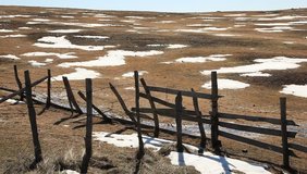 Snow melting in pasture with fence
