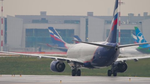 MOSCOW, RUSSIAN FEDERATION - JULY 28, 2021: Aeroflot plane rides along taxiway to runway at Sheremetyevo airport (SVO). Aeroflot is Russian Airlines