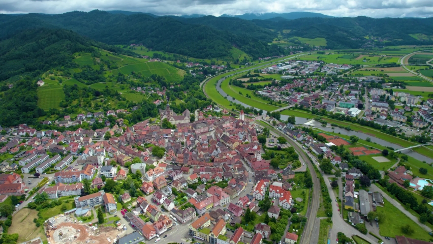 Aerial view of the old town of Gengenbach in Germany  on a cloudy day in summer. 