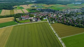 Aerial view of the city oberelchingen in Germany on a sunny day in spring.