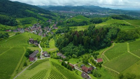 Aerial view around the village Ringelbach in Germany in the black forest on a cloudy day in