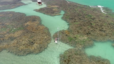 João Pessoa, Paraíba, Brazil - 12 06 2021: Aerial view of the Seixas natural pools in a coastal reef area 