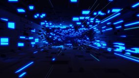Blue dark sci fi bg fly through tech digital space like in tunnel neon light. Information Technology concept, hi-tech information flow in blockchain or bigdata. 3d looped bg motion design. Space scene