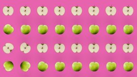 Colorful fruit pattern of fresh apples on pink background. Seamless pattern with apple sliced. Realistic animation. 4K video motion