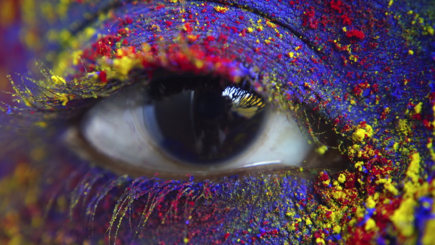 Closeup of eyes smeared with Holi colors, India