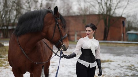 strict horsewoman is leading brown steed in horse yard in winter day