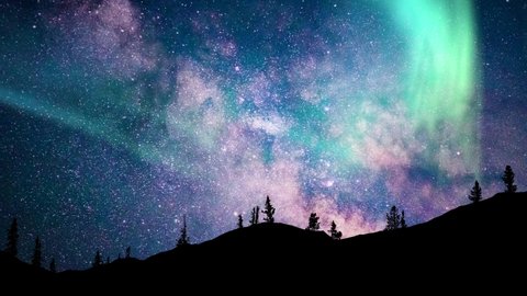 Milky way. Northern lights. Cosmos, twinkling stars, aurora. Time lapse background. Night sky. Silhouette of mountains and trees. 59,94 fps