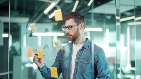 creative young entrepreneur business man in modern office uses post Papers sticky notes to share idea. brainstorming, Bearded thinking male solving strategy Using glass note wall Board. startup posted