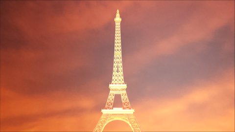 3D Animation Massive Tour Eiffel with fireworks exploding in dusk sky background.
