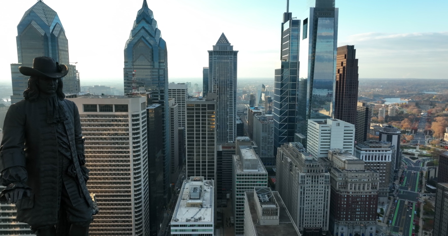 William Penn in Philadelphia skyline. Philly office buildings tower in daytime drone aerial shot. Royalty-Free Stock Footage #1084625929
