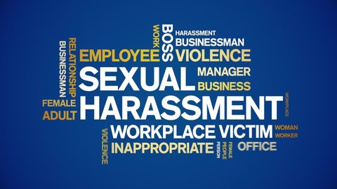 Sexual Harassment animated tag word cloud,text design animation kinetic typography seamless loop. 