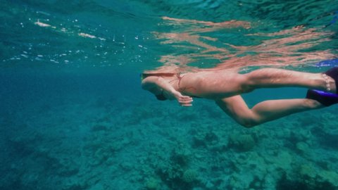 Brunette-haired young woman in bikini swimsuit goggles and flippers dives in ocean water above green coral reef slow motion underwater split shot