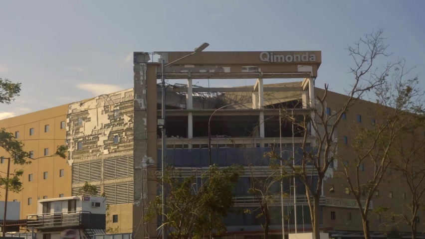 Cebu , Philippines - 12 23 2021: Damaged Qimonda Building In Cebu City After Typhoon Rai
