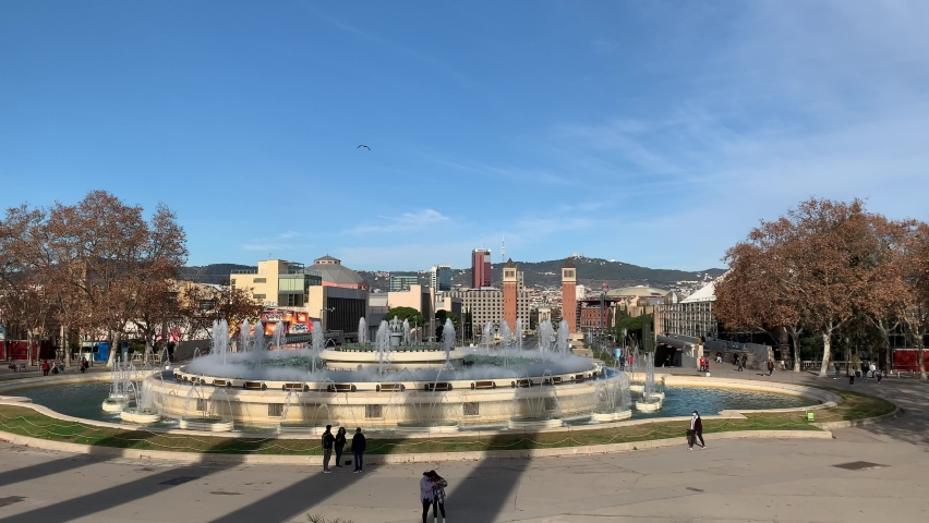 Day time view of Magic fountain of Montjuic. Motion of water sprinkles. This fountain is famous for shows. It is located in front of placa d