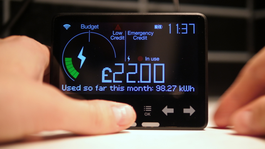 Electricity Smart Meter. Daily monthly and yearly balance readings. Emergency credit. England UK. Royalty-Free Stock Footage #1084637146