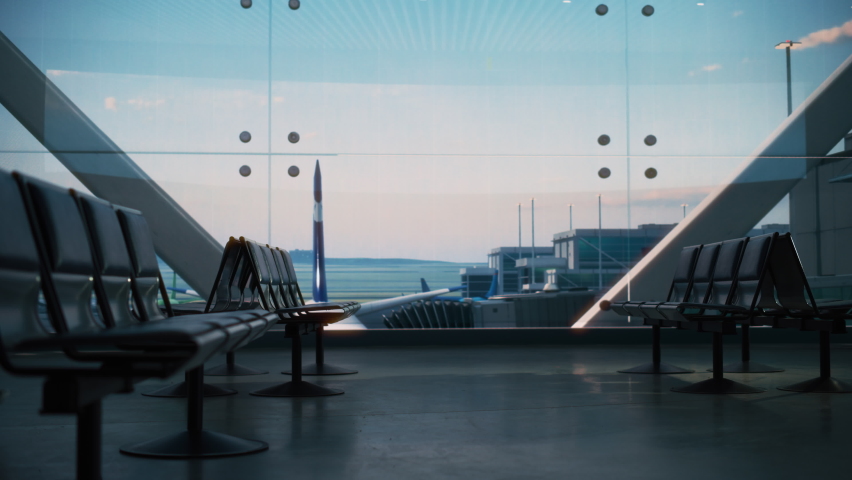 Busy Airport Terminal: Diverse Multi-Ethnic Crowd of People Walking, Hurry or Wait for their Flights. People Sitting in a Boarding Lounge of Big Airline Hub with Airplanes Departing and Arriving Royalty-Free Stock Footage #1084638289