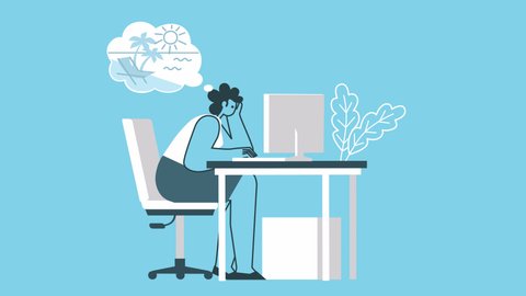 Cartoon tired woman works on computer and dreams of rest. Flat Design 2d Character Loop Animation with Alpha Channel