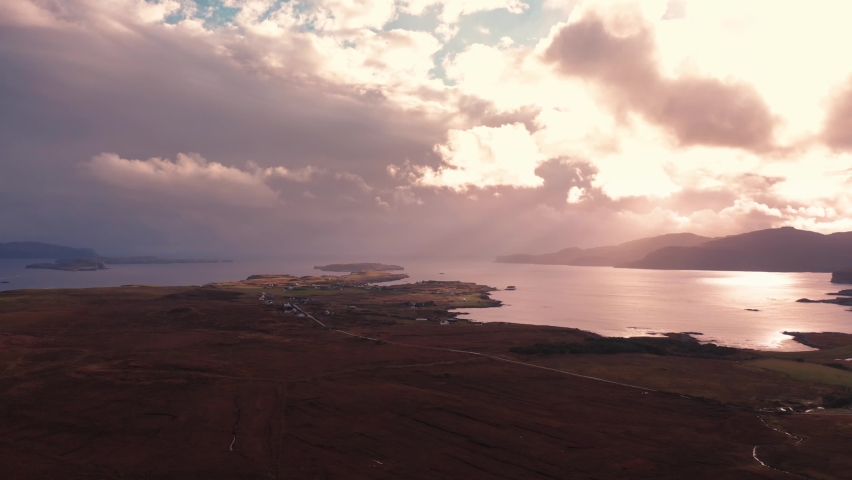 Beautiful aerial views of Isle of Skye coast during sunset after rain