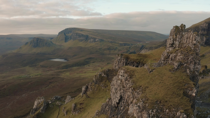 Aerial view of the Quiraing and surrounding areas in Isle of Skye, Autumn 2021