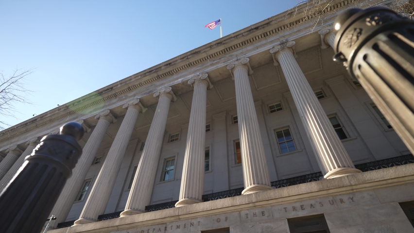 Wide angle view of the columns at the US Treasury Department in Washington, DC.