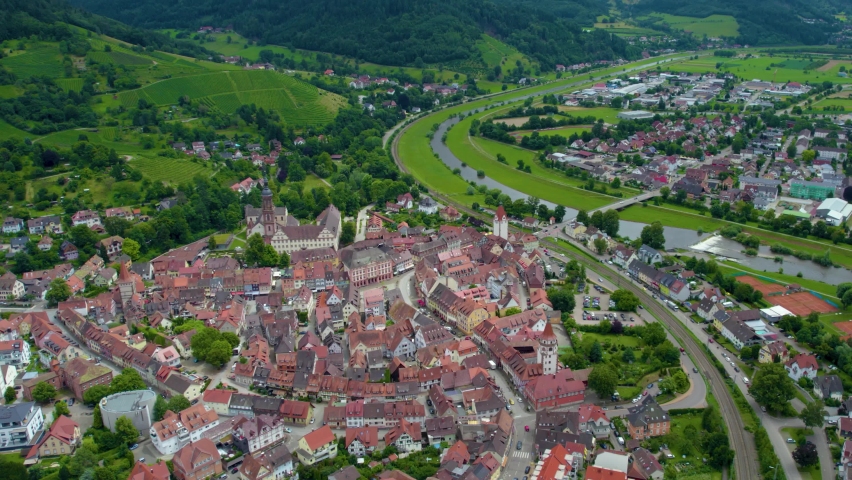 Aerial view arounde the old town of Gengenbach in Germany  on am overcast day in summer. 