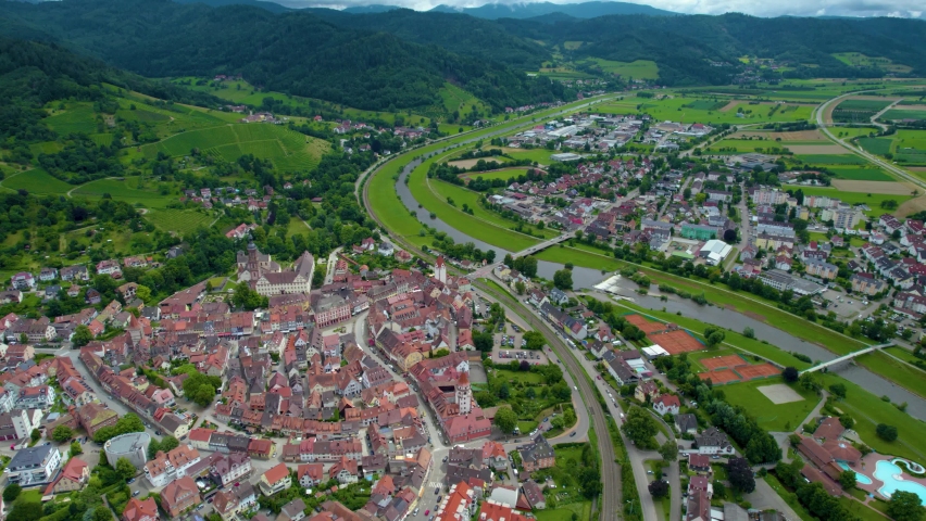 Aerial view of the old town of Gengenbach in Germany  on a cloudy day in summer. 