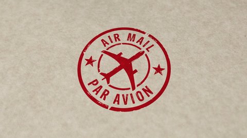 Air Mail symbol stamp and hand stamping impact animation. Retro par avion post letter delivery and airmail express postmark 3D rendered concept.