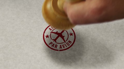 Air Mail symbol stamp loopable and seamless animation. Hand stamping impact. Retro par avion post letter delivery and airmail express postmark 3D rendered loop concept.