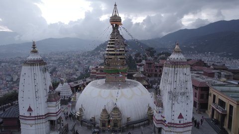 Nepal Swayambhunath Stupa Aerial Shot Forward in Kathmandu Log - World Heritage Site