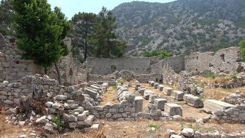 Olimpos, Antalya, Turkey - 29th of May 2021: 4K Viewing ruins of episcopeion in the Olimpos city
