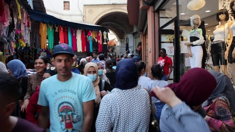 Tunis , Tunisia - 10 23 2021: Many People During Rush Hour In Souqs At Bab El Bhar In Tunis, Tunisia.