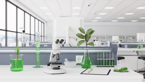 3d Rendering of Empty Science Laboratory With Plant Leaves In Glass Flask. Alternative Medicine And Natural Skin Care Products Production And Development Concept.