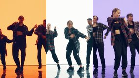 Music Video Clip Montage with Three Split Screens with Young Professional Dancers Performing Modern Hip Hop Dance Routine in Studio.