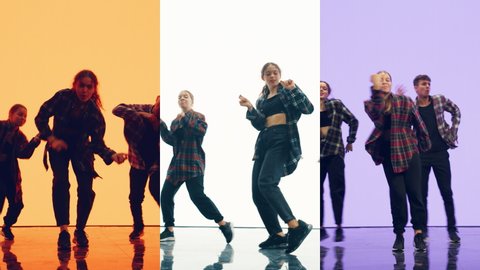 Music Video Clip Montage with Three Split Screens with Young Professional Dancers Performing Modern Hip Hop Dance Routine in Studio.