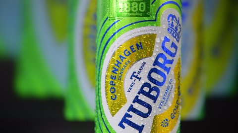 Toronto, Canada - December 30, 2021: Tuborg beer can with water droplets